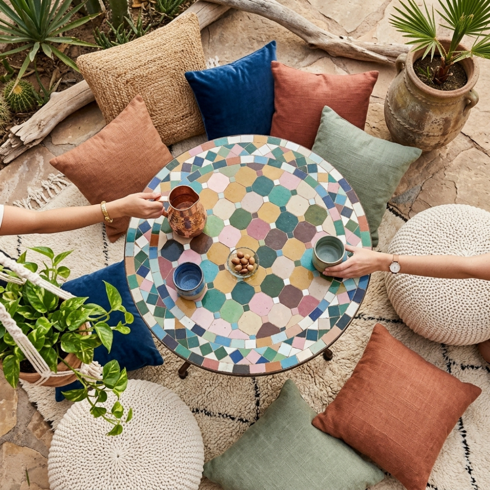 Table Ronde en Zellige Multicolore Ø60 cm | Table de Jardin Extérieure Compacte, Table Balcon &amp; Table d’Appoint Design | Pied en Fer Forgé Rouillé | Installation Incluse