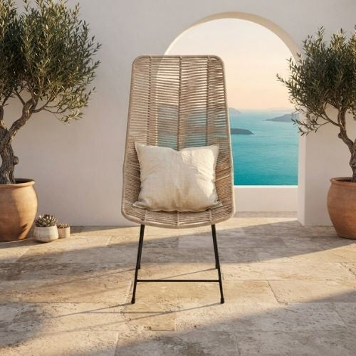 Chaise Design en Corde Tressée Beige et Métal Noir pour Jardin, Terrasse et Intérieur