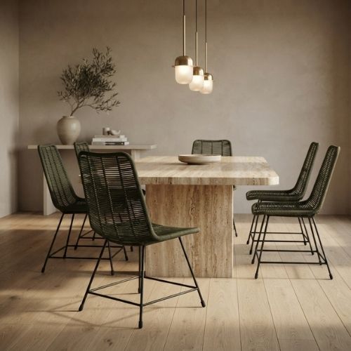 Chaise Design en Corde Tressée Vert Olive et Métal Noir pour Jardin, Terrasse et Intérieur
