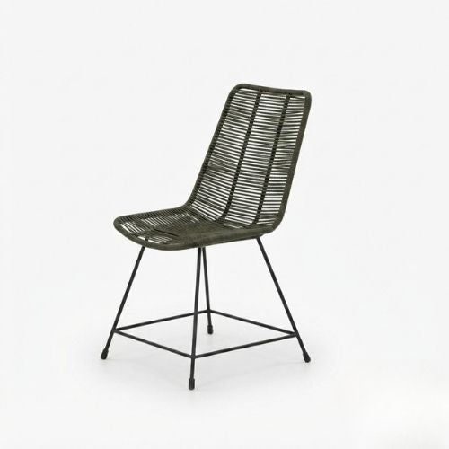Chaise Design en Corde Tressée Vert Olive et Métal Noir pour Jardin, Terrasse et Intérieur