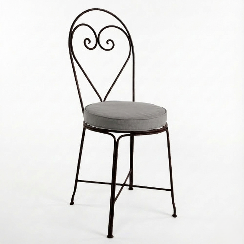 Chaise en fer forge coeur avec coussin gris en coton pour mobilier exterieur