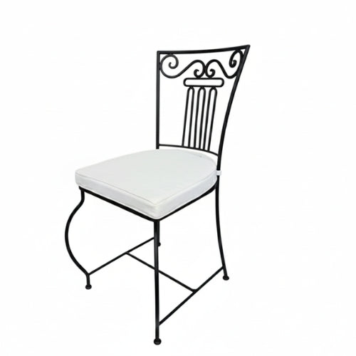 Chaise en fer forgé moustache avec coussin blanc finition rouille vernie rustol pour exterieur