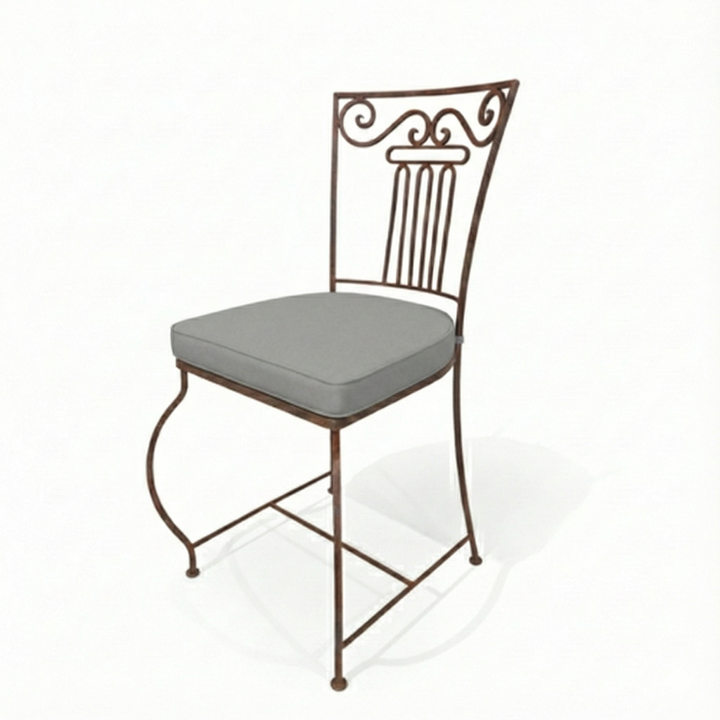 Chaise en fer forge moustache avec coussin gris en coton pour salon de jardin artisanal