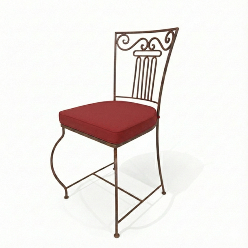 Chaise fer forge moustache avec coussin rouge en coton pour mobilier interieur et exterieur
