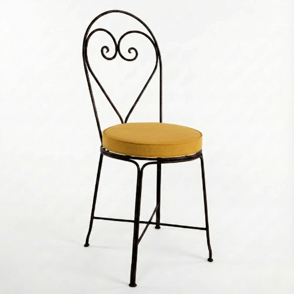 Chaise jardin fer forge coeur avec coussin jaune sur structure metal artisanale