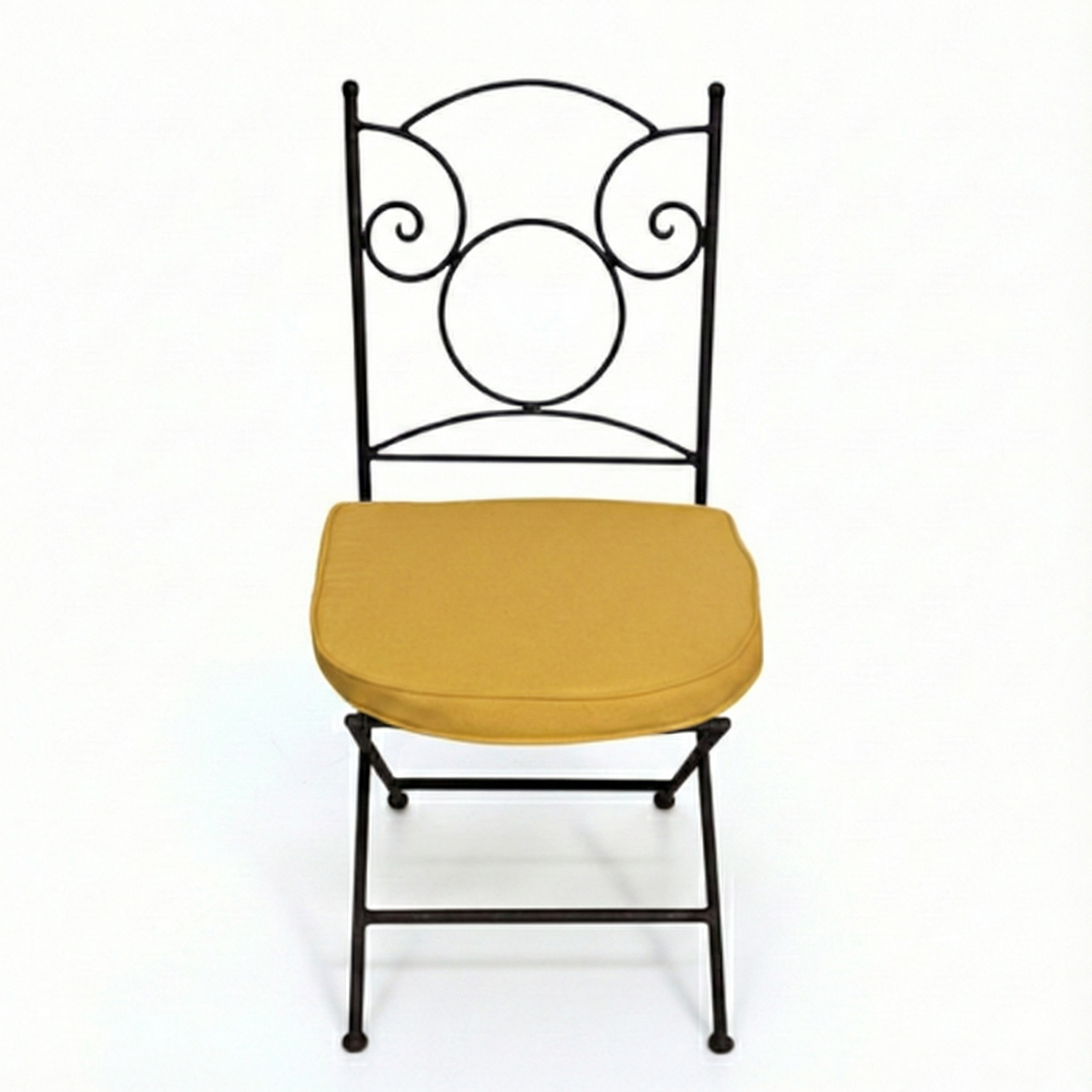 Chaise jardin fer forge ideal avec coussin jaune pour terrasse ensoleillee