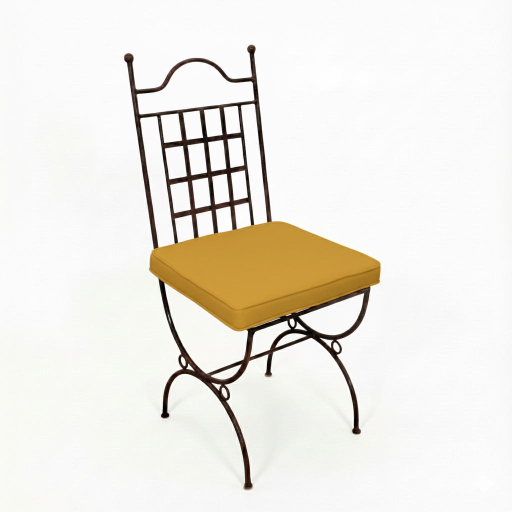 Chaise jardin fer forge marina avec coussin jaune pour terrasse ensoleillee