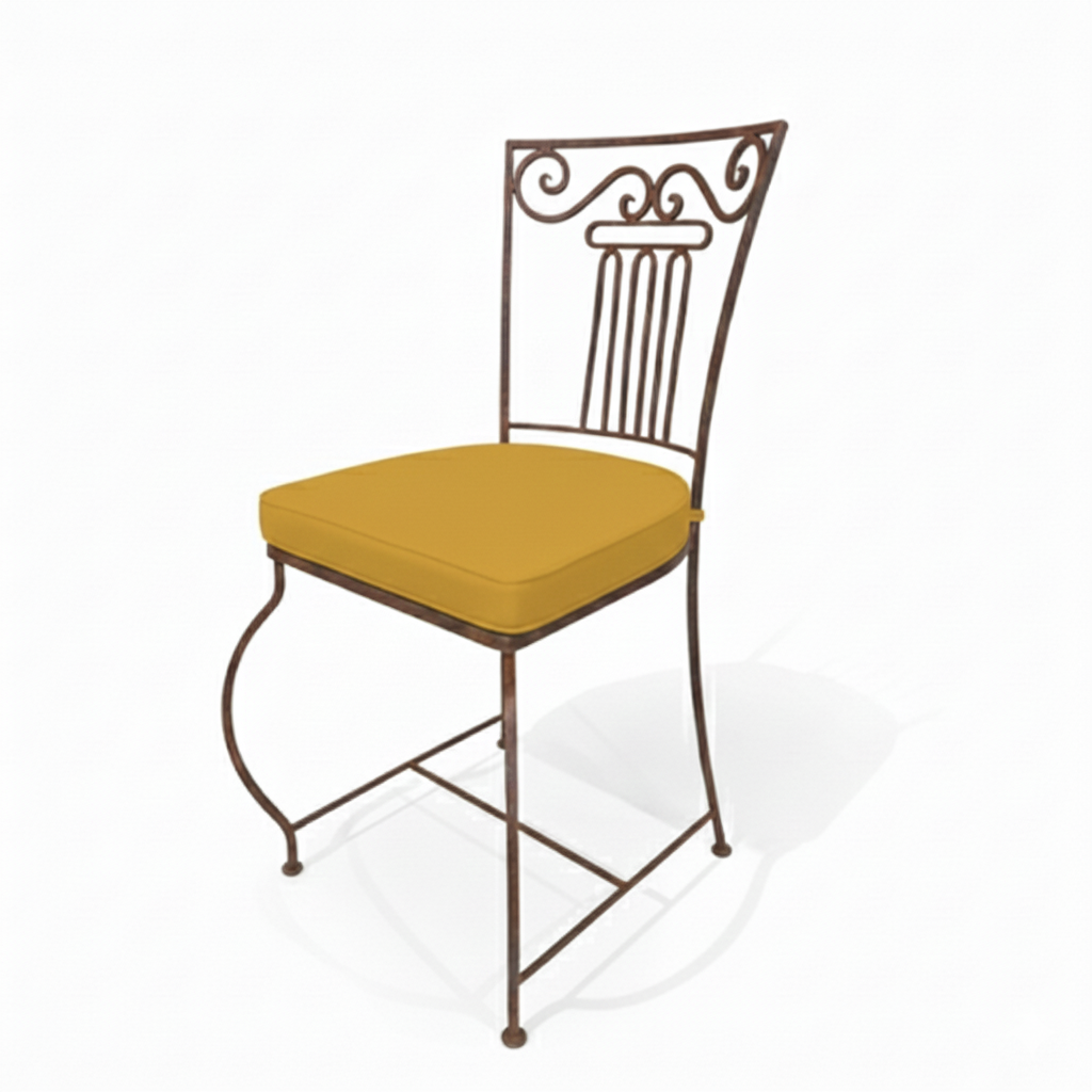 Chaise jardin fer forge moustache avec coussin jaune sur structure metal artisanale