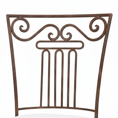 Chaise metal artisanale moustache avec dossier decoratif en fer forge finition rouille naturelle