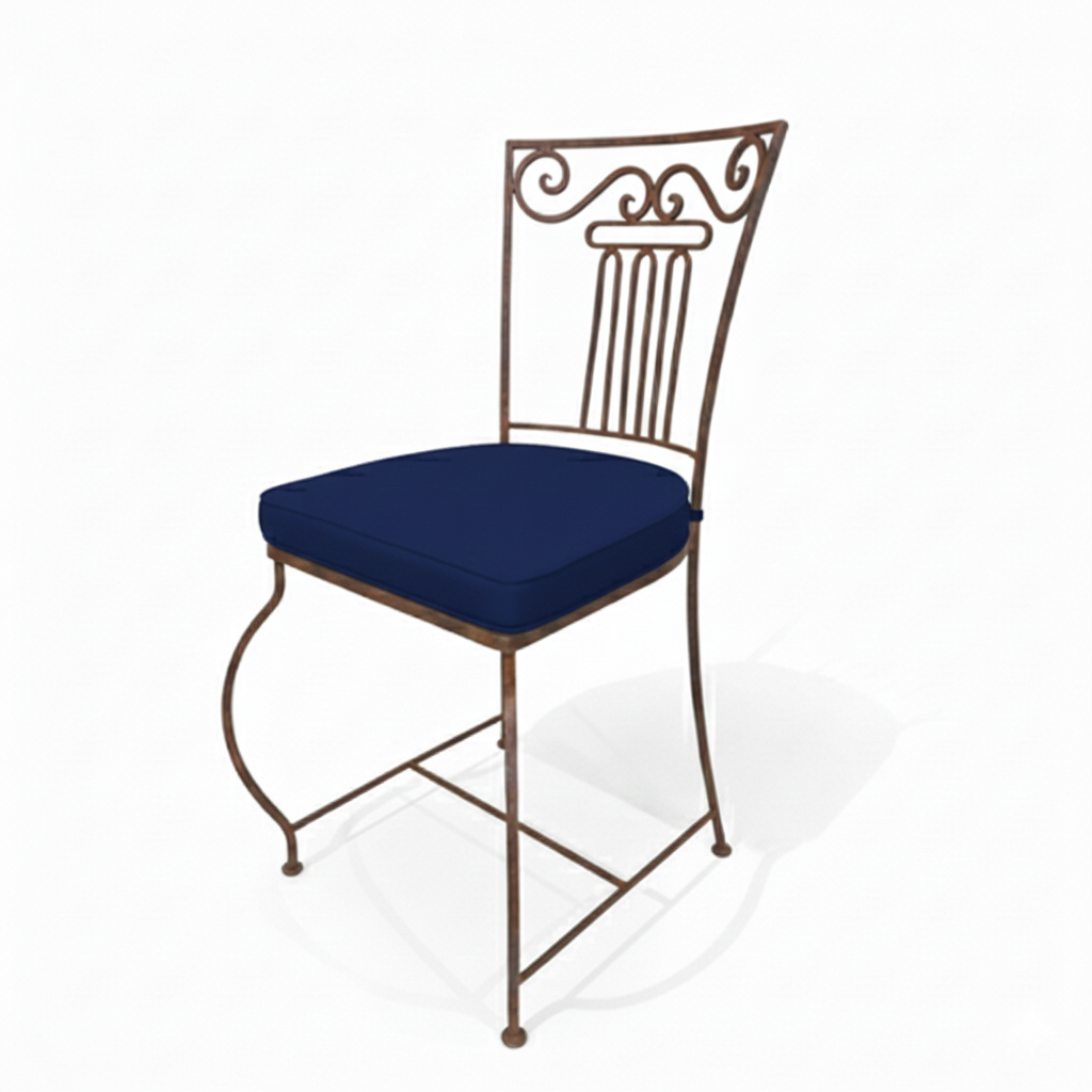 Chaise metal moustache avec coussin bleu en coton sur structure en fer forge artisanale