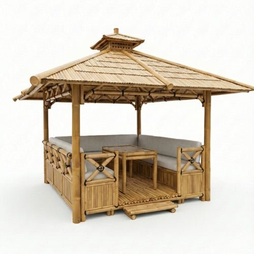 Assise gris pour gazebo bambou 250x250 cm offrant une ambiance naturelle