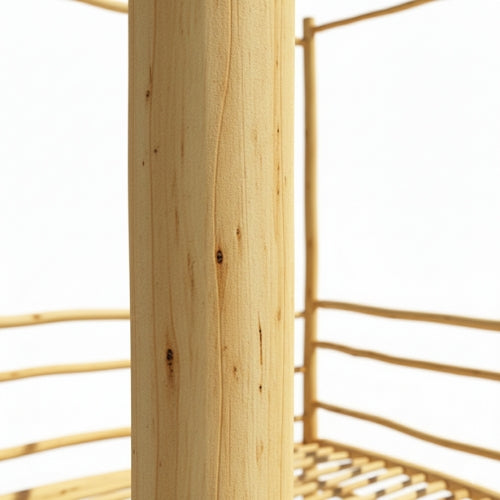 Détail du bois d’eucalyptus naturel montrant nœuds et variations de teinte propres au mobilier artisanal