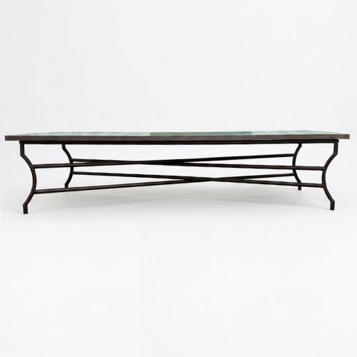 Table basse en zellige 200 × 90 cm Vert – Table artisanale marocaine avec pied pliable en fer forgé rouillé