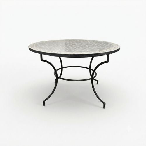 Table ronde en zellige Ø 120 cm Beige – Table artisanale marocaine avec pied fixe noir en fer forgé