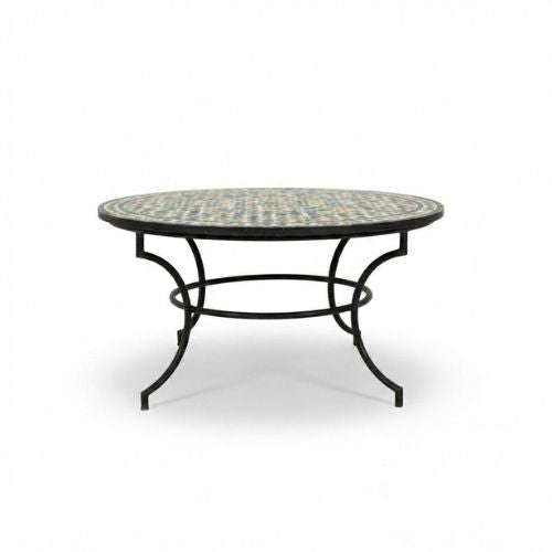 Table ronde en zellige Ø 150 cm Multicolore – Grande table artisanale marocaine avec pied fixe noir en fer forgé