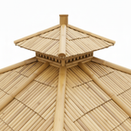 Détail de la toiture en bambou avec ventilation centrale et système d’évacuation de l’eau intégré