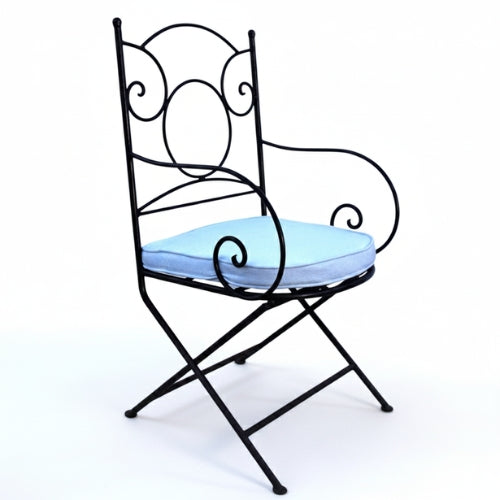 Fauteuil fer forge ideal avec coussin blanc pour salon de jardin artisanal