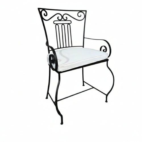 Fauteuil en fer forgé moustache noir avec coussin blanc en coton pour terrasse extérieure