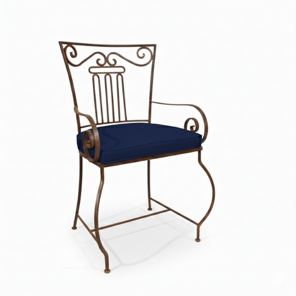 Fauteuil en fer forgé moustache noir avec coussin bleu en coton pour jardin et terrasse