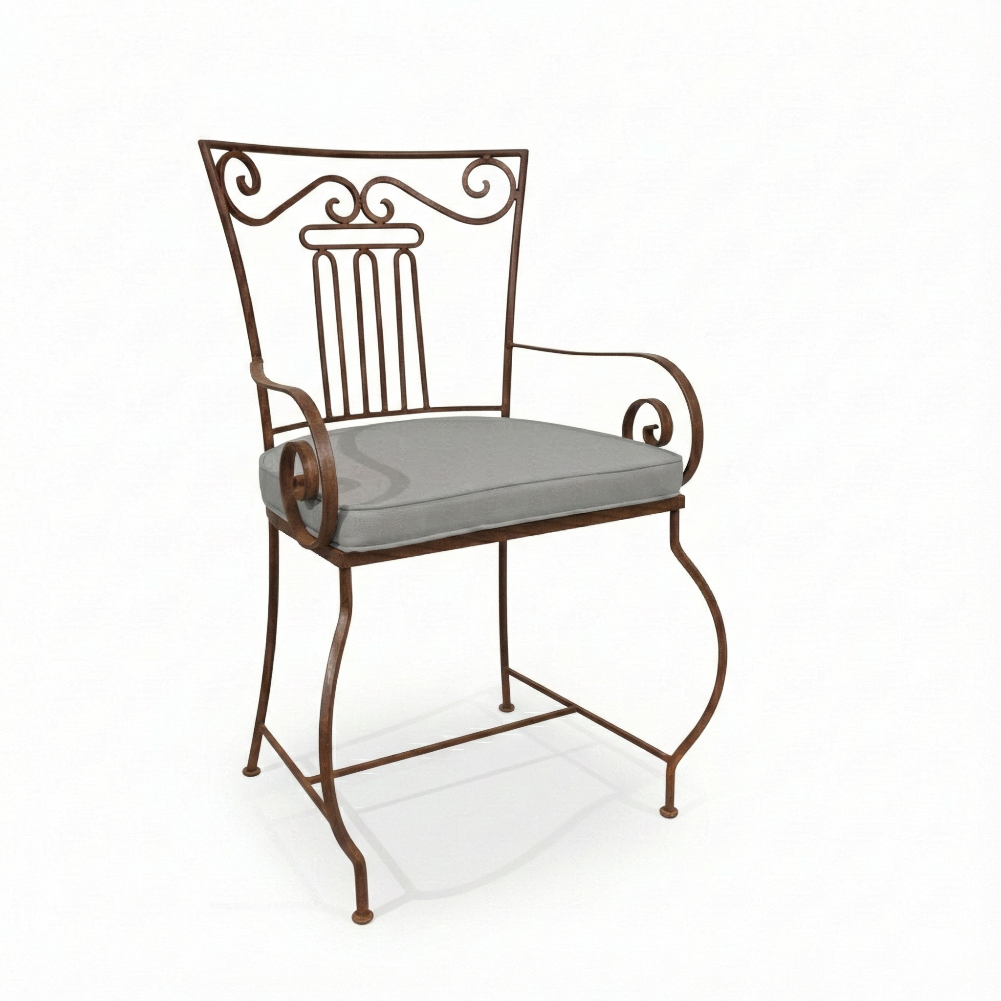 Fauteuil en fer forgé moustache noir avec coussin gris en coton pour salon de jardin