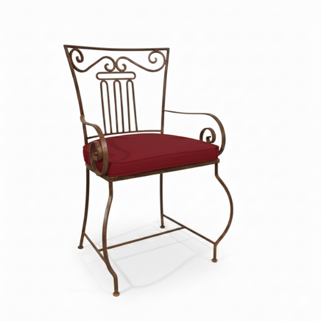Fauteuil en fer forgé moustache noir avec coussin rouge en coton pour mobilier de jardin