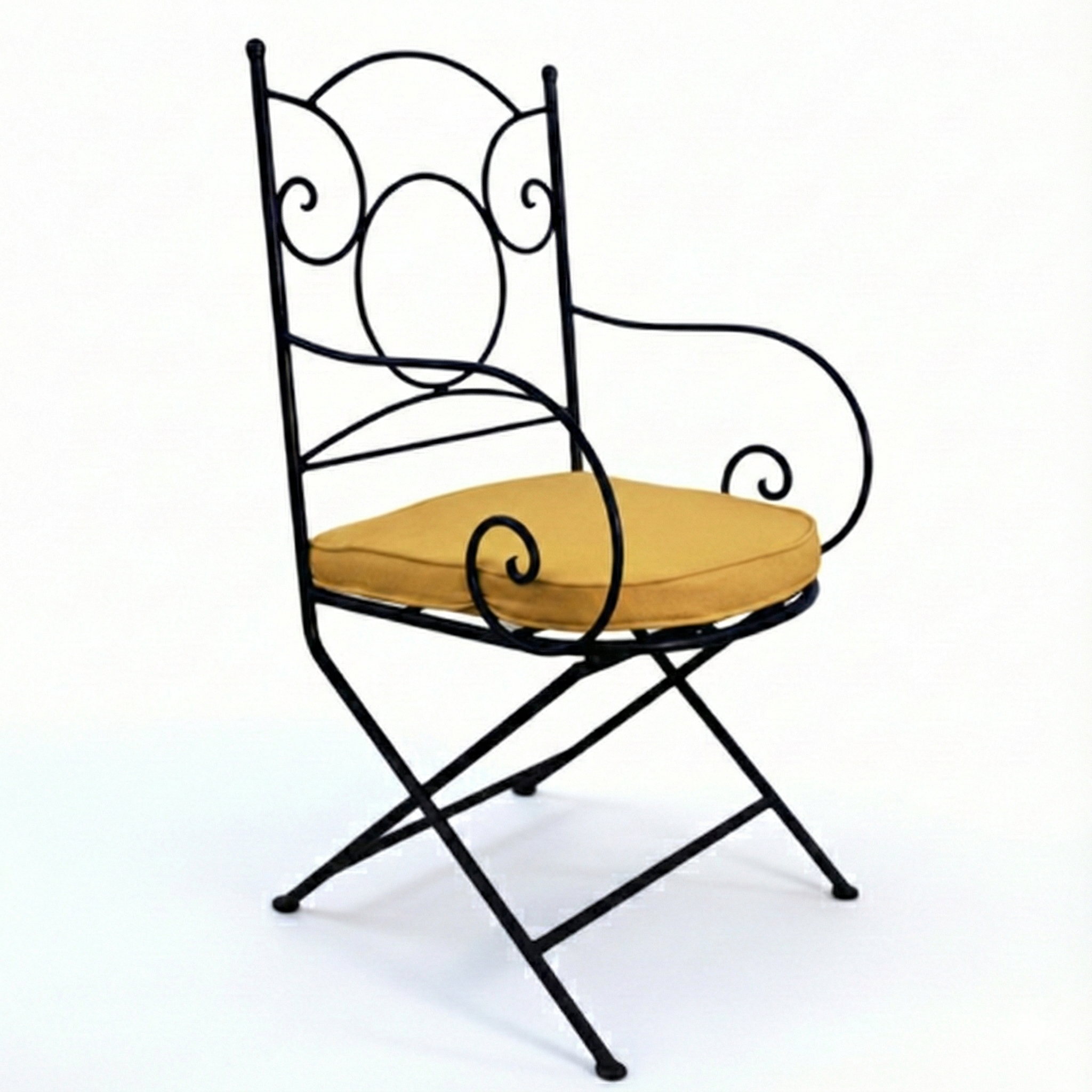 Fauteuil jardin fer forge ideal avec coussin jaune pour terrasse ensoleillee