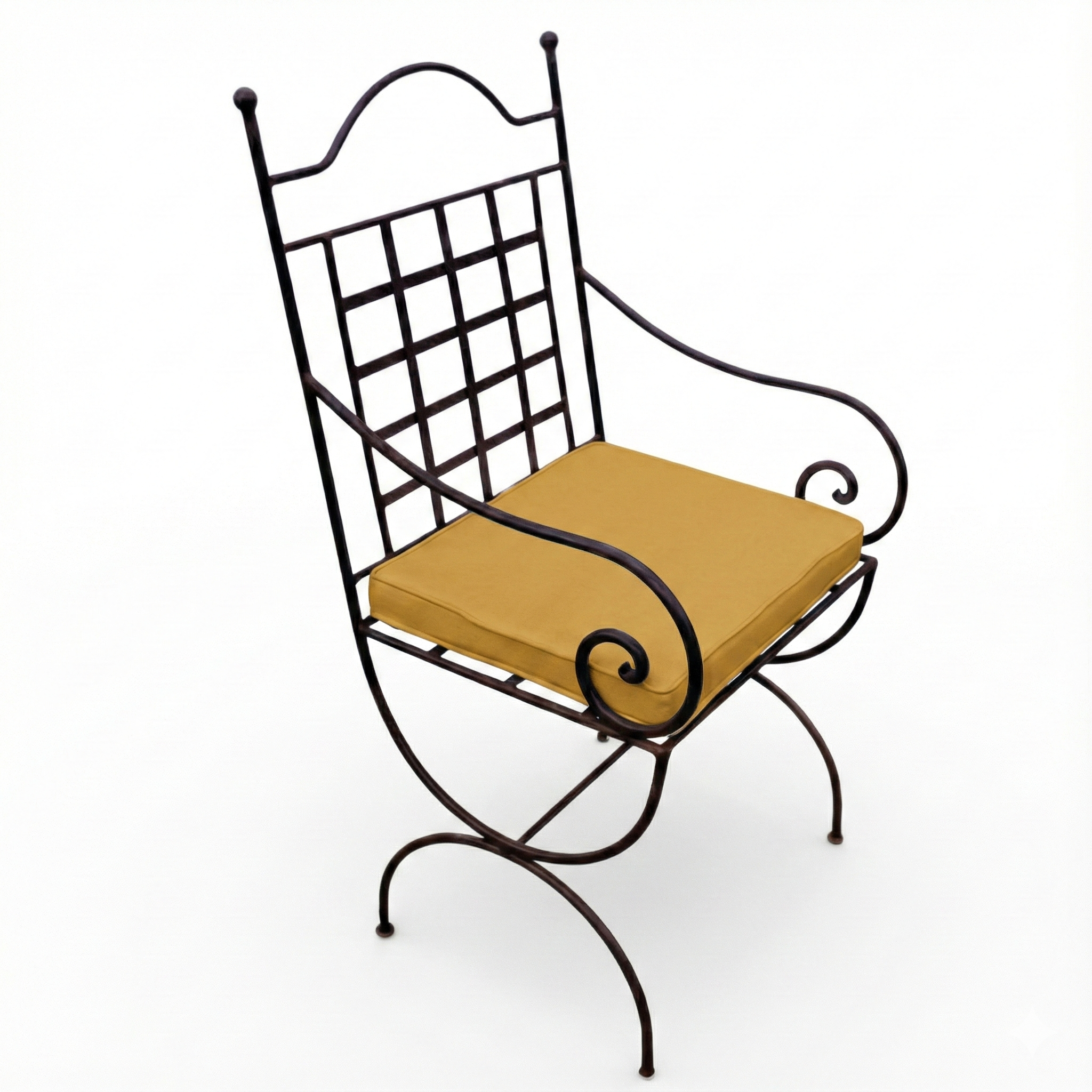 Fauteuil jardin fer forge marina avec coussin jaune pour terrasse ensoleillee