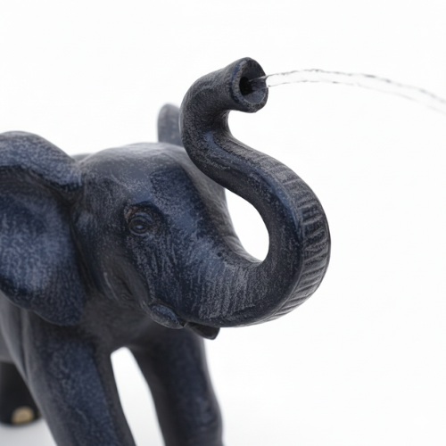 Fontaine éléphant en GRC vue latérale montrant format vertical stable pour installation extérieure durable