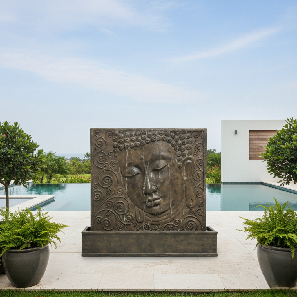 Fontaine murale extérieure face de Bouddha en GRC installée sur mur paysager avec texture minérale et relief sculpté