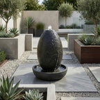 Fontaine ovale de jardin en résine ciment fibre de verre hauteur 110 cm finition minérale pour aménagement extérieur