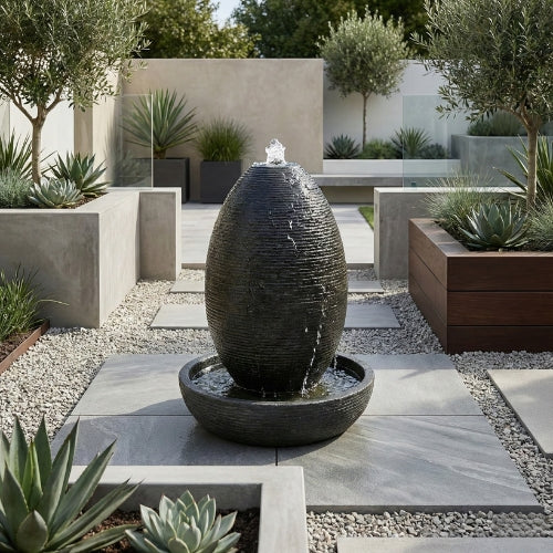 Fontaine ovale de jardin en résine ciment fibre de verre hauteur 110 cm finition minérale pour aménagement extérieur