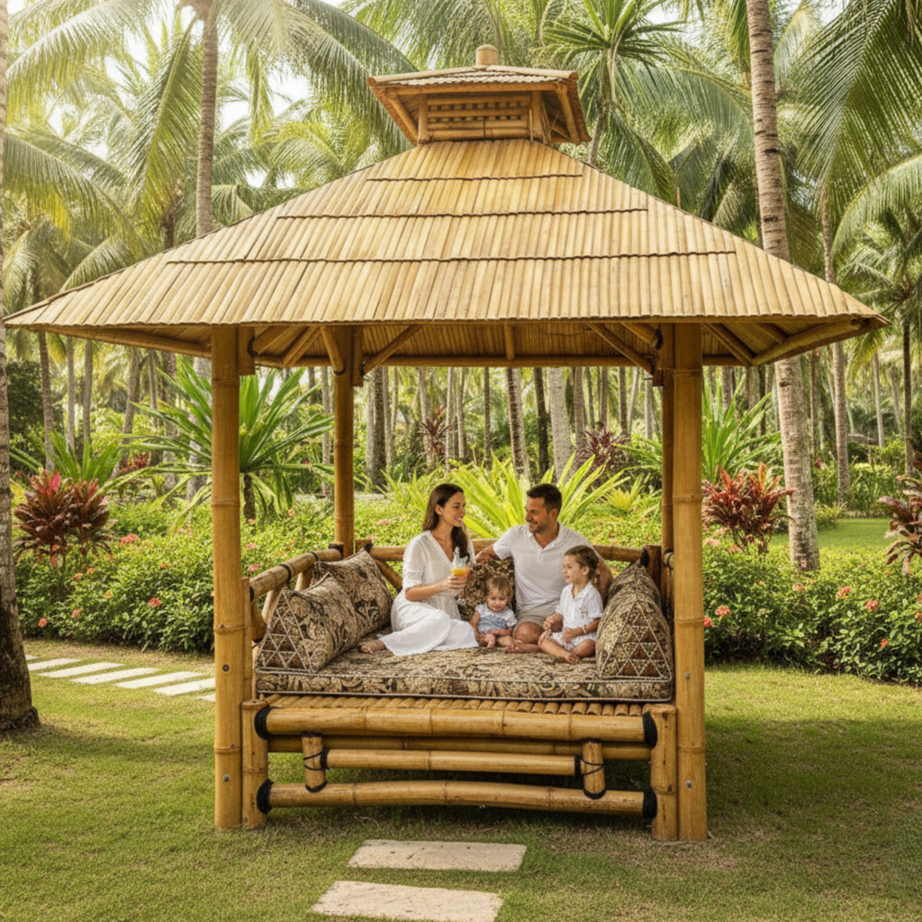 Gazebo bambou traditionnel vu en angle latéral, structure ouverte et toiture ventilée inspirée de l’architecture balinaise