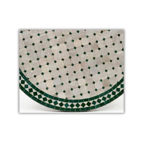 Table ronde en zellige Ø 100 cm Beige avec cabochon vert – Table artisanale en béton avec pied fixe en fer forgé noir
