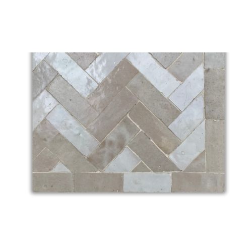 Table en zellige 210 × 100 cm Blanc et beige – Table artisanale avec plateau en résine et pied fixe en fer forgé noir