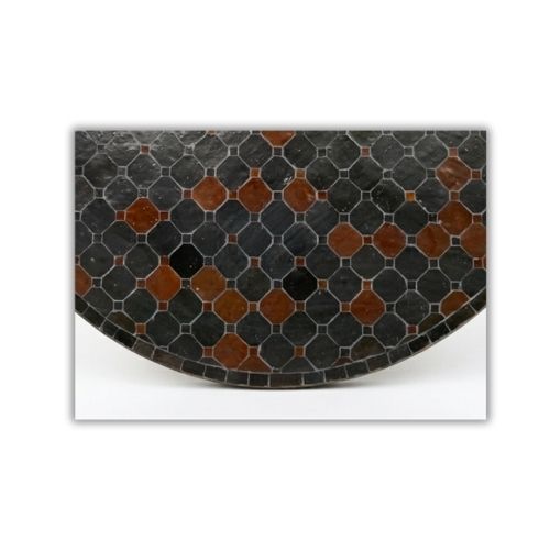 Table en zellige rond Ø 120 cm noir et marron avec emplacement pour parasol et pied fixe en fer forgé – Table artisanale marocaine haut de gamme