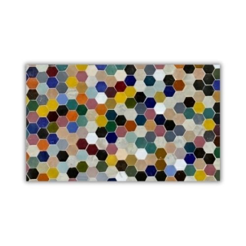 Table en zellige multicolore 200 × 100 cm en béton avec pied fixe noir en fer forgé – Table artisanale marocaine intérieure et extérieure