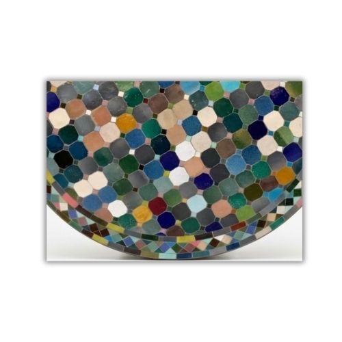 Table ronde en zellige Ø 100 cm multicolore – Table artisanale en béton avec pied fixe en fer forgé noir