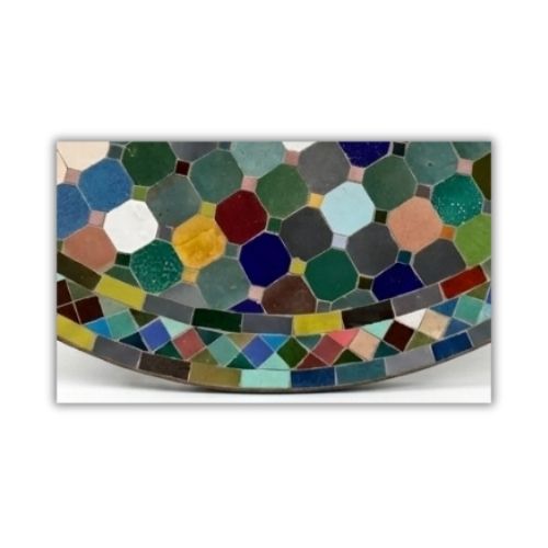Table ronde en zellige Ø 150 cm Multicolore – Grande table artisanale marocaine avec pied fixe noir en fer forgé