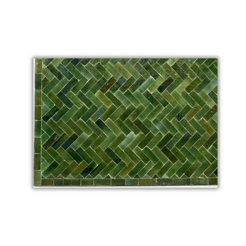 Table en zellige 150 × 100 cm Vert Tamegroute – Table artisanale en béton avec pied fixe en fer forgé noir