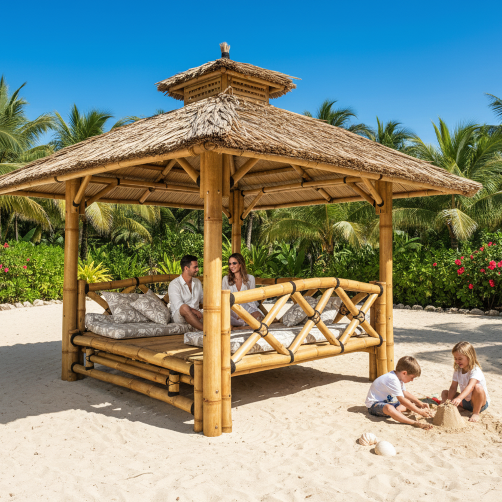 Gros plan sur le plancher bambou surélevé, plateforme stable et confortable typique des paillotes traditionnelles de Bali