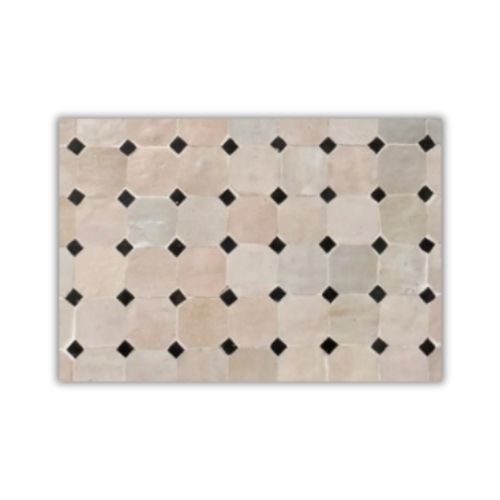 Table ronde en zellige Ø 100 cm Beige avec cabochon noir – Table artisanale en béton avec pied fixe en fer forgé noir