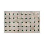 Table ronde en zellige Ø 100 cm Beige avec cabochon vert – Table artisanale en béton avec pied fixe en fer forgé noir