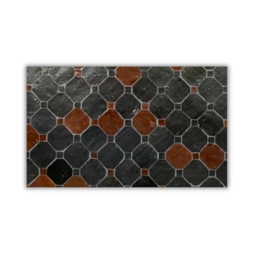 Table en zellige rond Ø 120 cm noir et marron avec emplacement pour parasol et pied fixe en fer forgé – Table artisanale marocaine haut de gamme