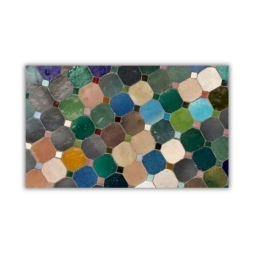 Table ronde en zellige Ø 100 cm multicolore – Table artisanale en béton avec pied fixe en fer forgé noir