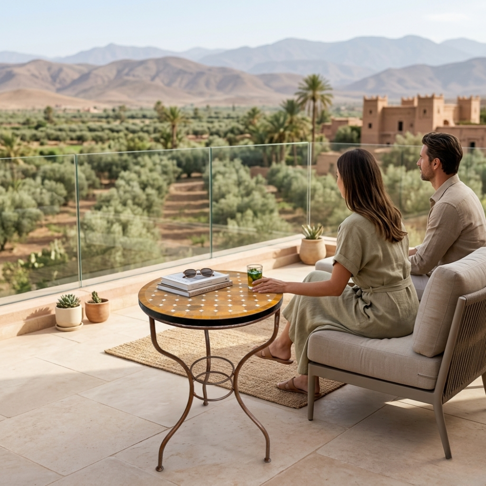 Table Ronde en Zellige Marron avec Cabochons Blancs Ø60 cm | Table Extérieure Compacte Déclinée en 3 Hauteurs &amp; Pied en Fer Forgé | Installation Incluse