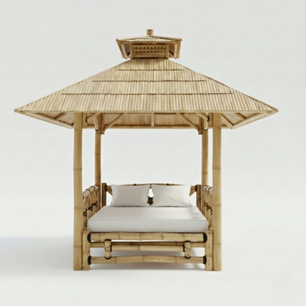 matelas pour gazebo bambou blanc 250x250 cm avec coussins assortis usage extérieur