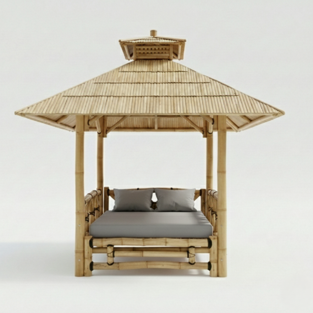matelas pour gazebo bambou gris 300x300 cm avec coussins assortis usage sous abri