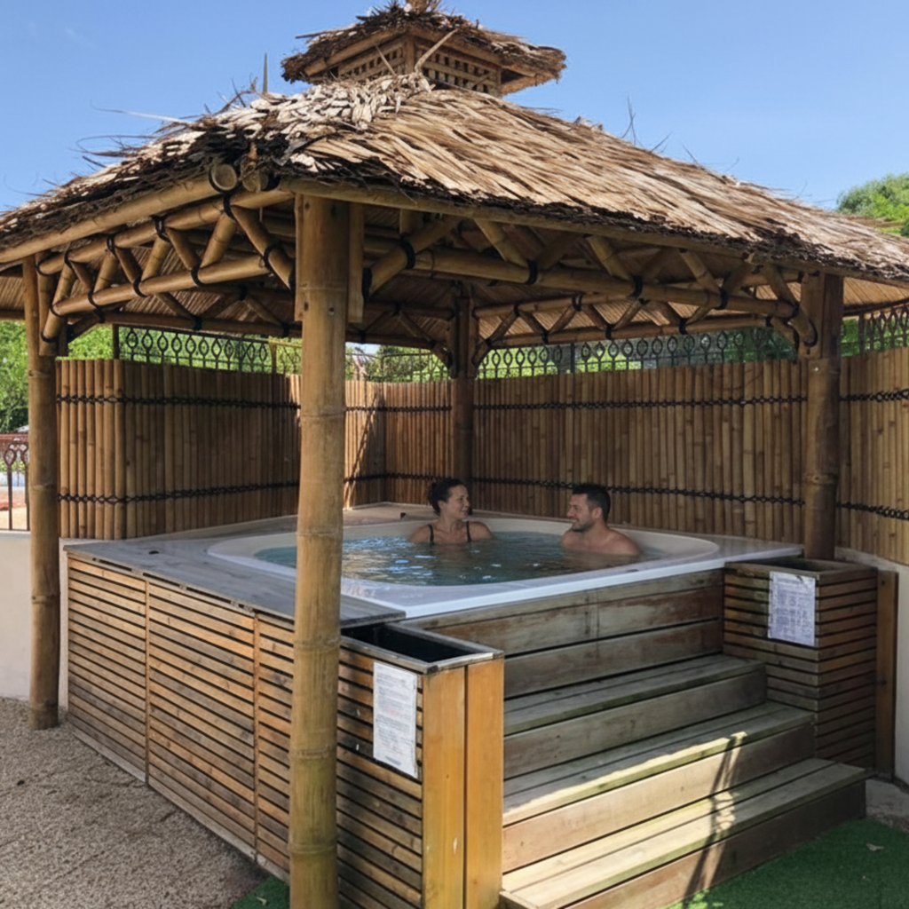 Paillote bambou utilisée comme abri pour jacuzzi avec ventilation naturelle et protection pluie