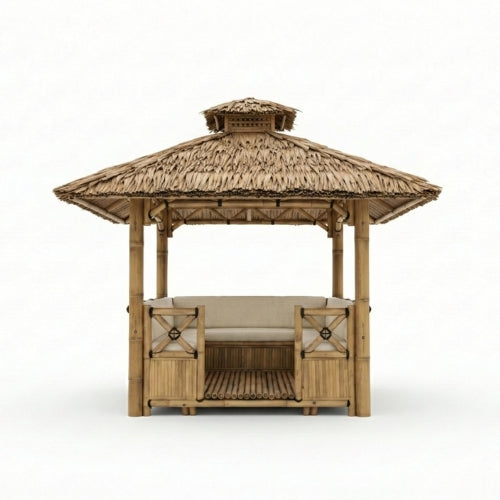 Paillote bambou avec banquettes offrant un espace repas extérieur familial et modulable