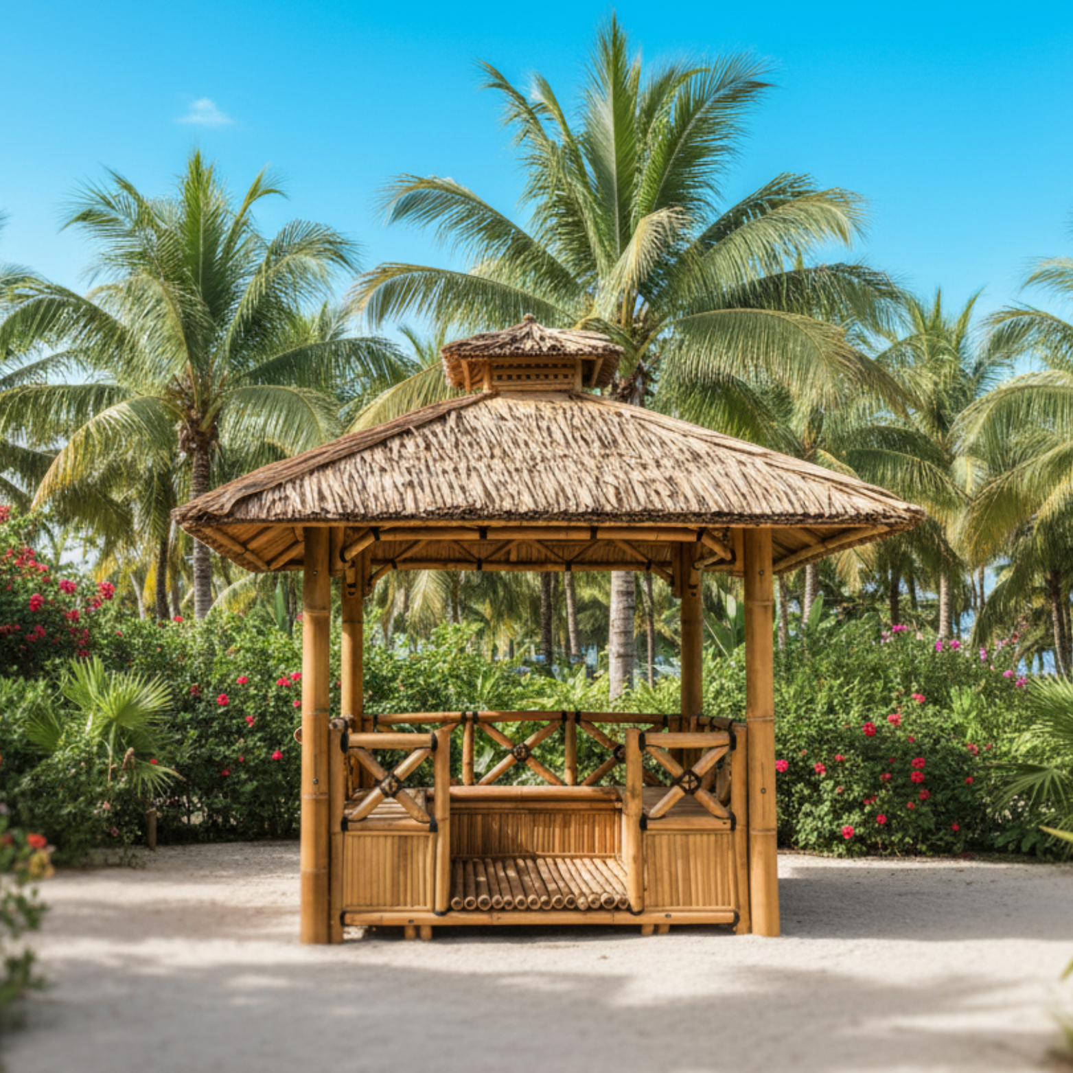 Paillote bambou avec banquettes adaptée aux terrasses d’hôtel et restaurant haut de gamme